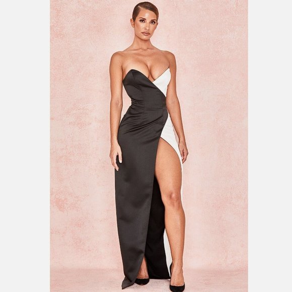 HOUSE OF CB 'Clio' Black + White Satin Strapless Maxi Gown NWOT - Picture 1 of 11
